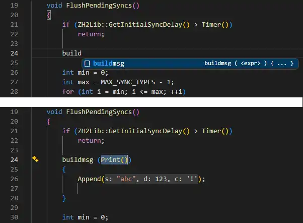 Editor autocomplete suggesting the buildmsg snippet while writing BCS code