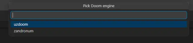 Command palette prompt for picking the target Doom engine, showing uzdoom and zandronum