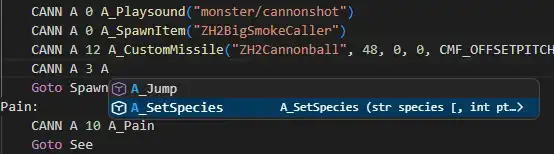 Autocomplete with the feature gate targeting UZDoom, suggesting the UZDoom-only A_SetSpecies function