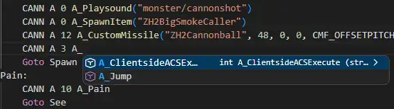 Autocomplete with the feature gate targeting Zandronum, suggesting the Zandronum-only A_ClientsideACSExecute function
