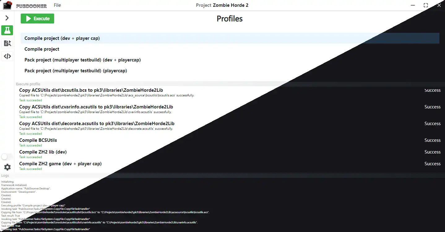 PubDoomer executing a build profile, listing every task and its success status alongside a full output log