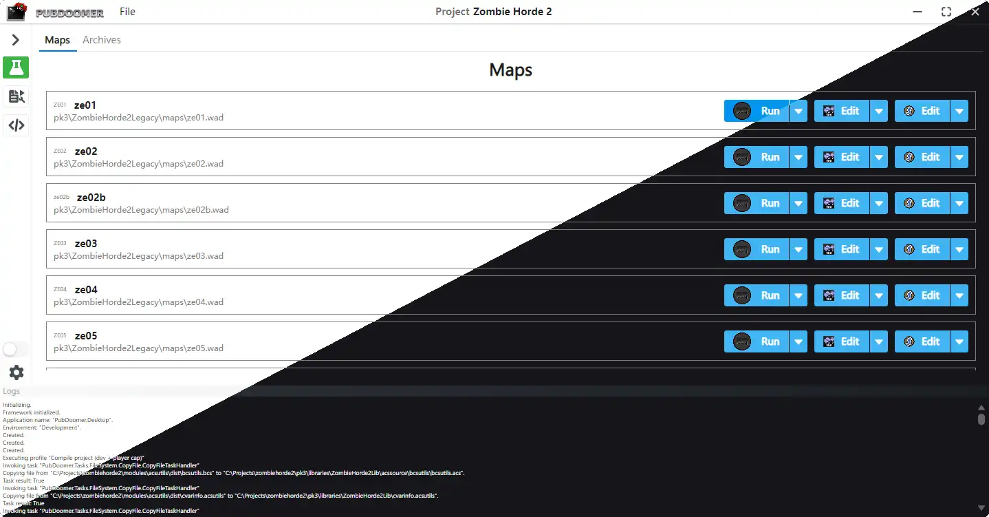 PubDoomer's map list, with Run and Edit buttons available for every map