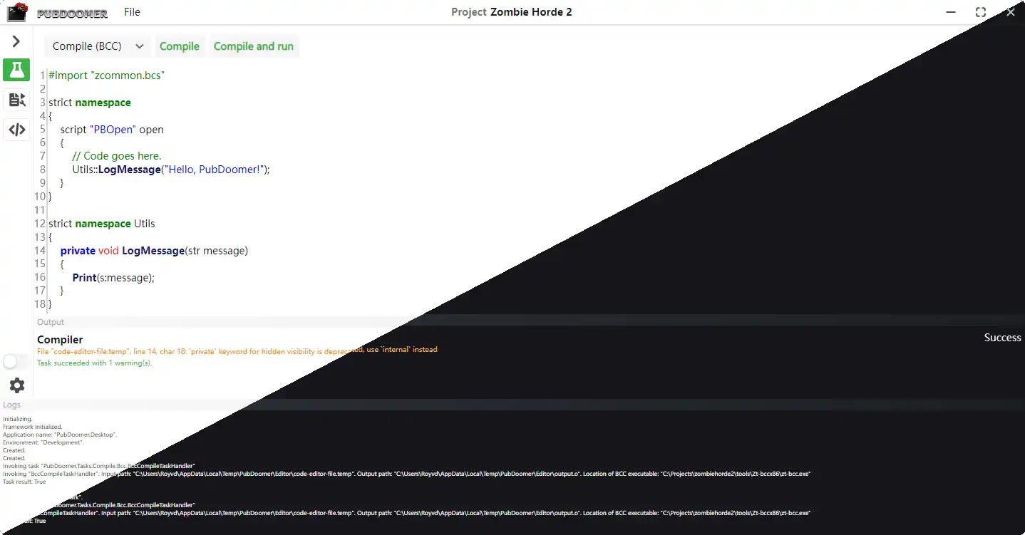 PubDoomer's built-in code editor compiling a BCC script and showing the compiler output