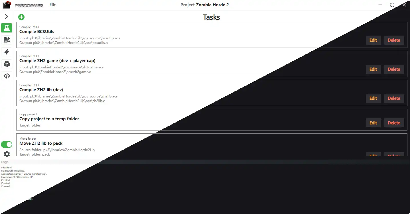 PubDoomer's task list, including a task that copies the project to a temporary folder