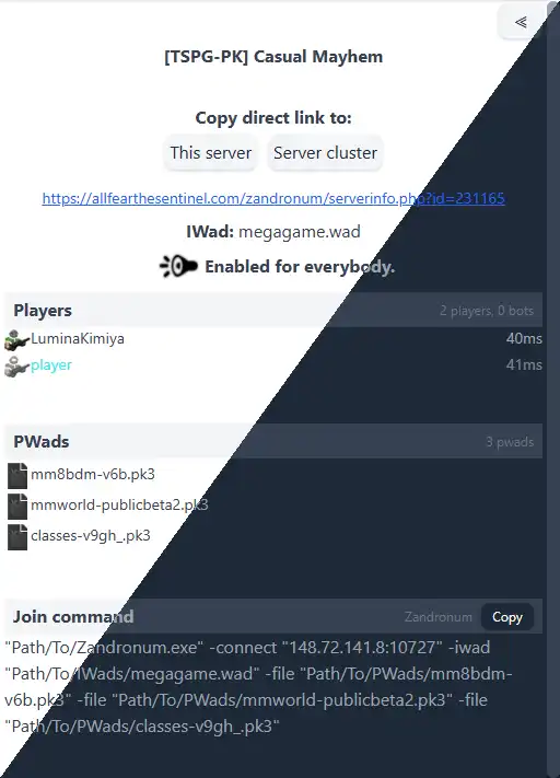 WebDoomer server detail view showing the player list, required PWads, and a generated join command
