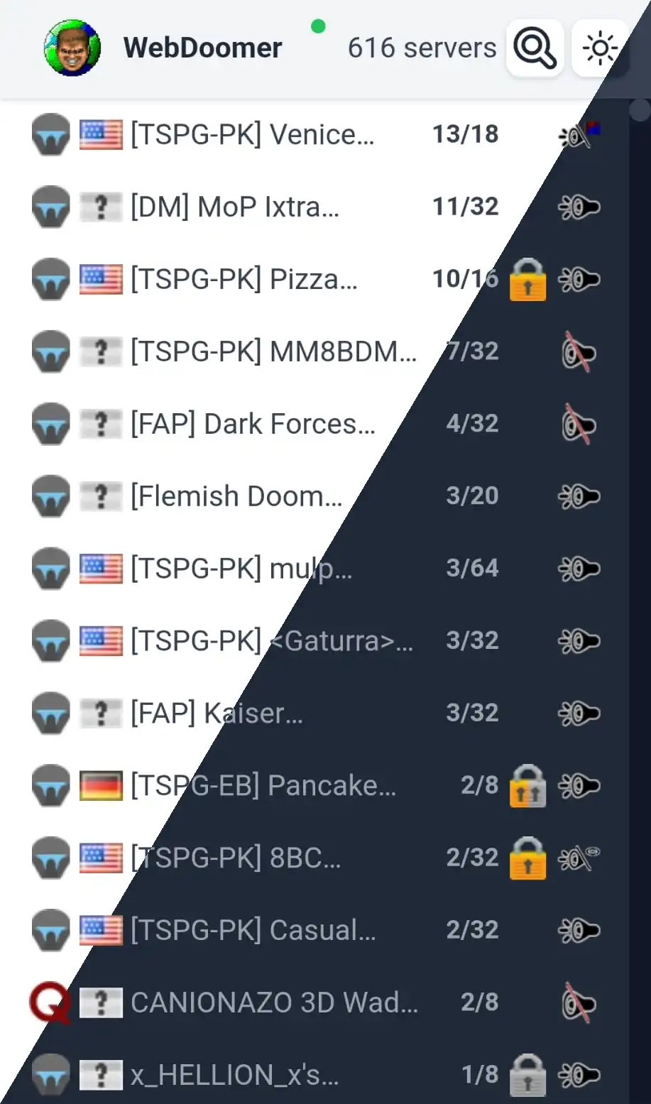 WebDoomer's server list rendered responsively on a mobile screen